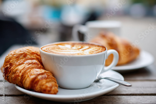 Fototapeta Naklejka Na Ścianę i Meble -  Outdoor cafe scene with cappuccino and croissant