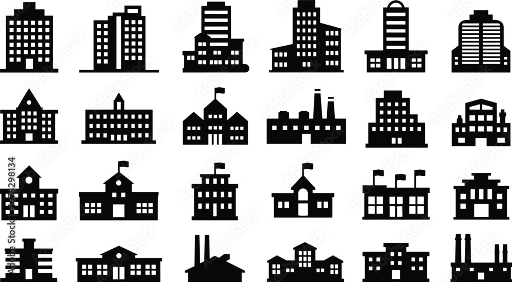 Obraz premium Black building icons, factory silhouettes, school symbols, urban infrastructure elements, real estate vector set, office blocks, architecture illustration, design