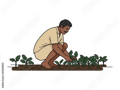 Farmer cultivating crops in a field, illustration