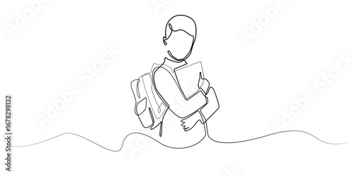 Continuous one line drawing of student with school backpack and hugging a book. Minimalist outline vector, education concept, back to school, child learning, studying, kid illustration line art.