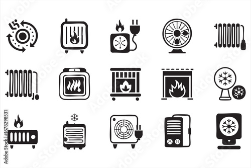 Household comfort icons pack with heating cooling and ventilation symbols