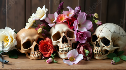 Explore the symbolism of skulls and flowers in Halloween arrangements as metaphors for lifes impermanence