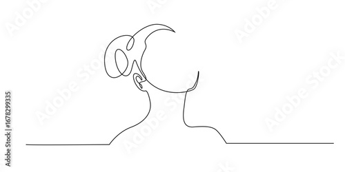 Continuous one line drawing of a woman with hair bun looking up. Minimalist female portrait outline vector, elegant modern design for beauty, hairstyle, fashion, and feminine art illustration.