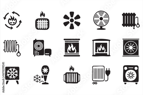 Heating appliances vector set with fans radiators and fireplaces