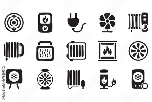 Climate and energy control doodle icons with home heating and cooling designs