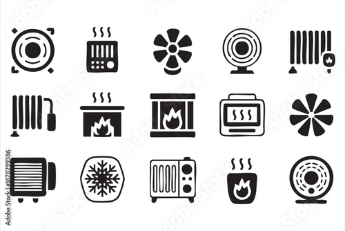 Fireplace and radiator vector icons with heating and cooling system symbols