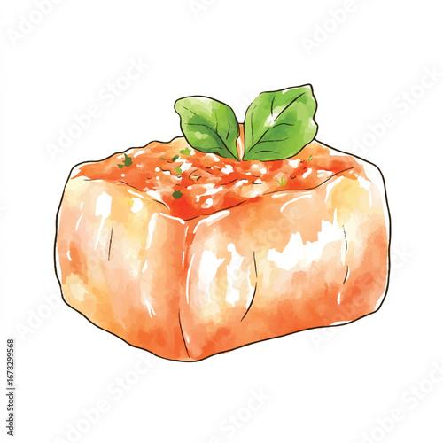 Watercolor Illustration of a Delicious Garnished Food Dish with Fresh Basil