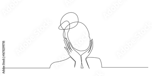 Continuous one line drawing of a woman with hair bun holding her cheeks with both hands. Minimalist beauty concept, elegant female portrait outline, fashion and skincare illustration.