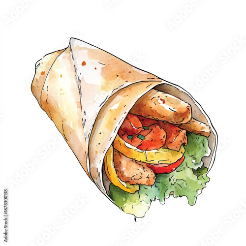 Watercolor Illustration of a Deliciously Filled Shawarma Wrap Close Up