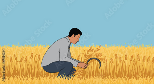 Farmer showing determination and hard work while harvesting with a sickle in a bountiful field