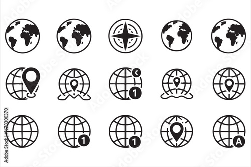 Global network and navigation icon pack with earth location and GPS graphics