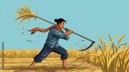 Farmer Showing Determination and Hard Work While Harvesting with Sickle