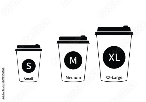 Three disposable coffee cups of different sizes small, medium, and extralarge