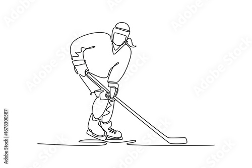 Single continuous line drawing female ice hockey player in dynamic skating motion, stickhandling puck. Symbolize power, athletic skill, poised action. One line draw graphic design vector illustration