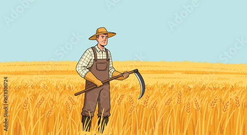Farmer showing determination and hard work while harvesting with a sickle