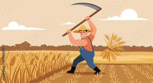 Farmer showing determination and hard work while harvesting with a sickle