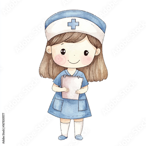Watercolor Illustration of a Cheerful Little Nurse with Documents