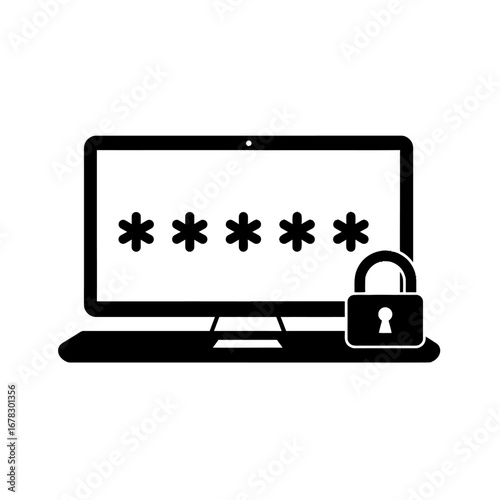 Secure laptop with password protected screen and padlock icon suggesting data privacy and cyber security measures for online safety