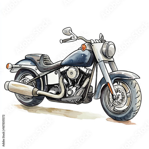 Watercolor Illustration of a Classic Motorcycle with Detailed Engine and Chrome Accents