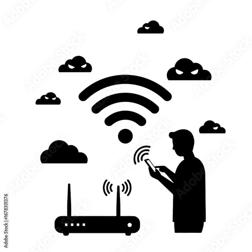Connecting to the Cloud: A modern illustration symbolizing wireless network, internet access, and data transmission with a user interacting with the signal