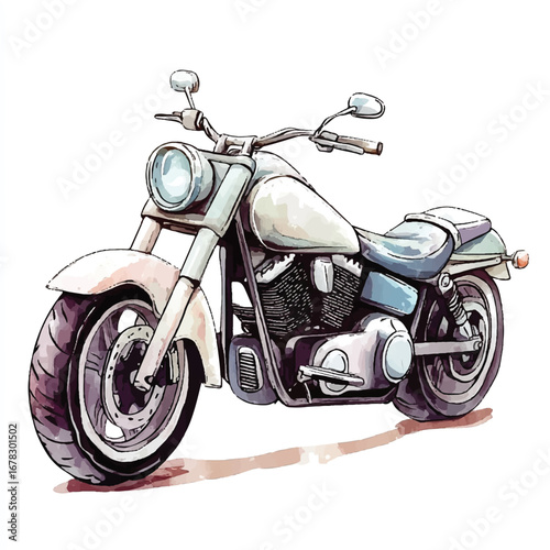 Watercolor Illustration of a Classic Motorcycle with Detailed Engine and Tires