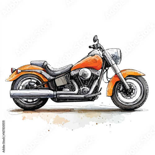 Watercolor Illustration of a Classic Orange Motorcycle with Detailed Engine and Chrome Accents