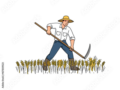 A determined farmer showing hard work harvesting wheat with a sickle
