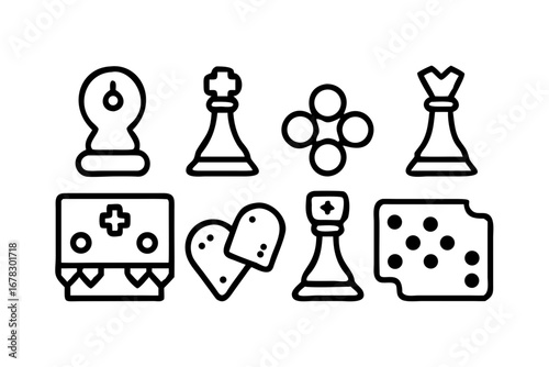 Vector art of chess pieces, game controller, heart and cheese