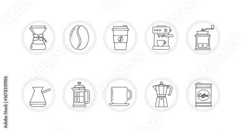 Collection of coffeerelated icons in a line format