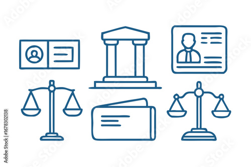 Vector art of law and justice icons featuring scales, identification, bank