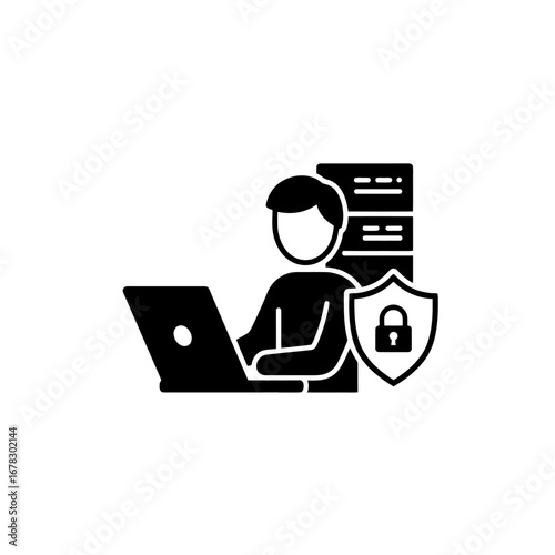 Cybersecurity professional securing digital data with laptop, shield, and server, protecting sensitive information from online threats, modern technology concept