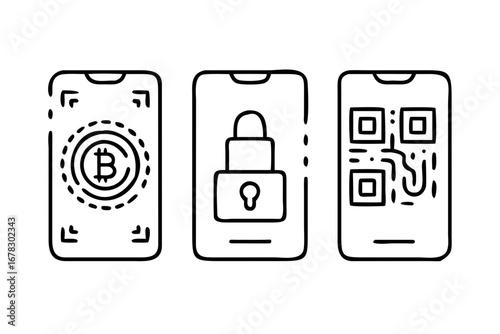 Vector art of mobile phone with bitcoin, qr code and security lock