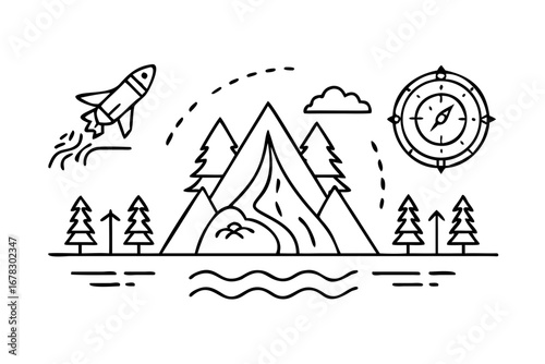 Vector art of mountain landscape with compass and rocket
