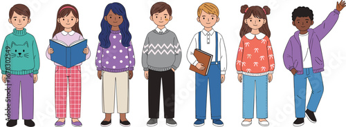 Group of diverse children standing together in colorful clothes, kids smiling, reading book, holding notebook, friends posing, fashion illustration design