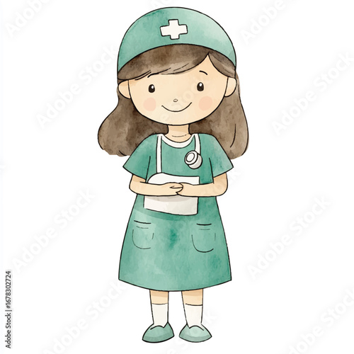 Watercolor Illustration of a Cute Little Nurse Character (1)