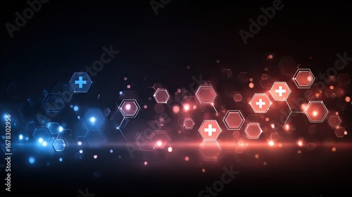 Abstract medical technology background.  Hexagon shapes with plus symbols in red and blue light