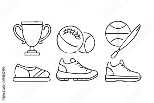 Vector art of sports equipment icons including baseball, tennis ball, trophy