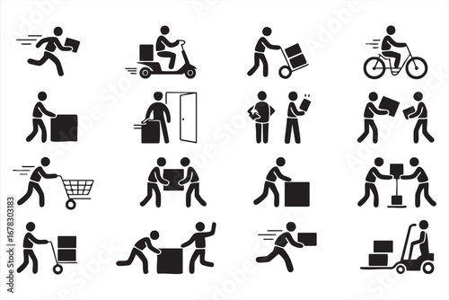 Distribution and shipping icons pack with scooter bicycle and forklift designs