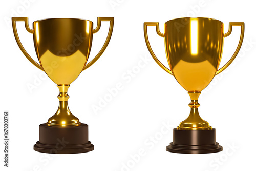 Two golden trophies displayed side by side celebrating achievement and victory in competitions transparent background
