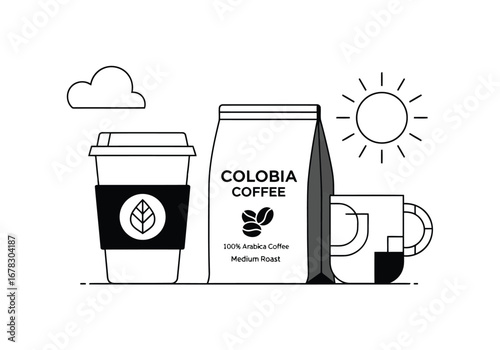 Colombian coffee bag with cup and mug