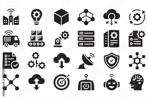 Automation and robotics vector icons with production and smart factory design