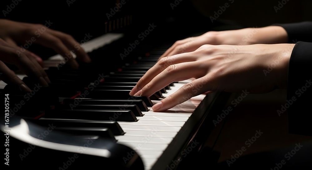 Obraz premium Close up of hands playing a piano with passion and skill