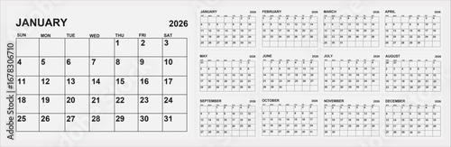 Monthly calendar layout for 2026 year. Diary planner for 2026 year. Week Starts on Sunday.