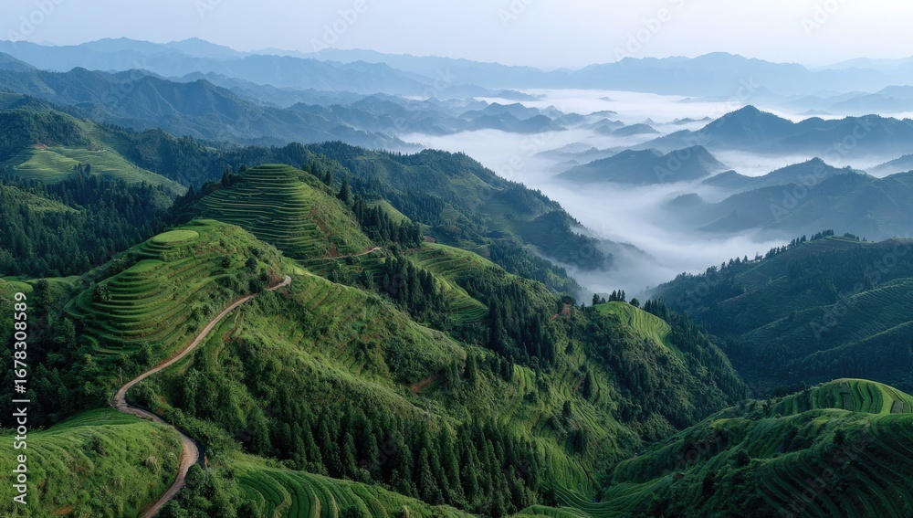 Fototapeta premium Terraced hillsides, misty mountain range