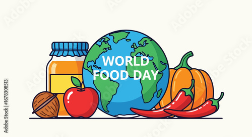World food day illustration with globe, apple, pumpkin, peppers, and jar