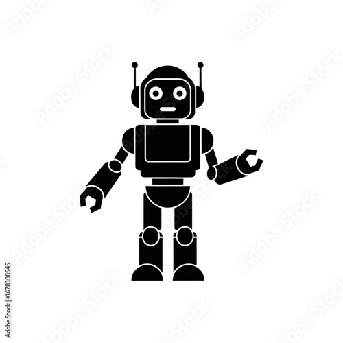 A simple black silhouette of a friendly-looking robot standing upright, arms outstretched.
