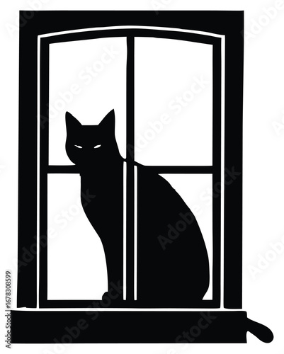 Black cat silhouette sitting on a window sill watching the world