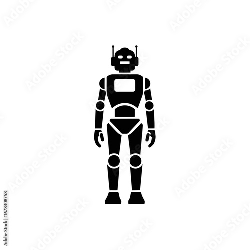 A stylized, full-body silhouette of a humanoid robot standing upright against a stark white background, showcasing its mechanical form and futuristic design.