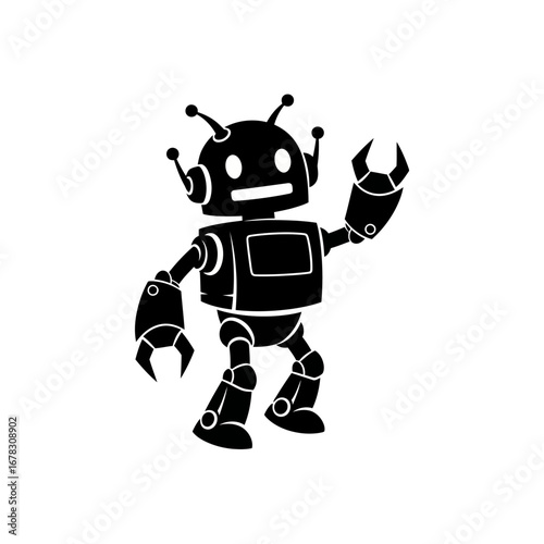 A stylized black silhouette of a friendly, anthropomorphic robot with antennae, a screen on its chest, and articulated limbs, appearing to wave or greet.