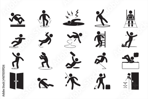 Workplace safety hazard icons set with slips trips falls and accident symbols
